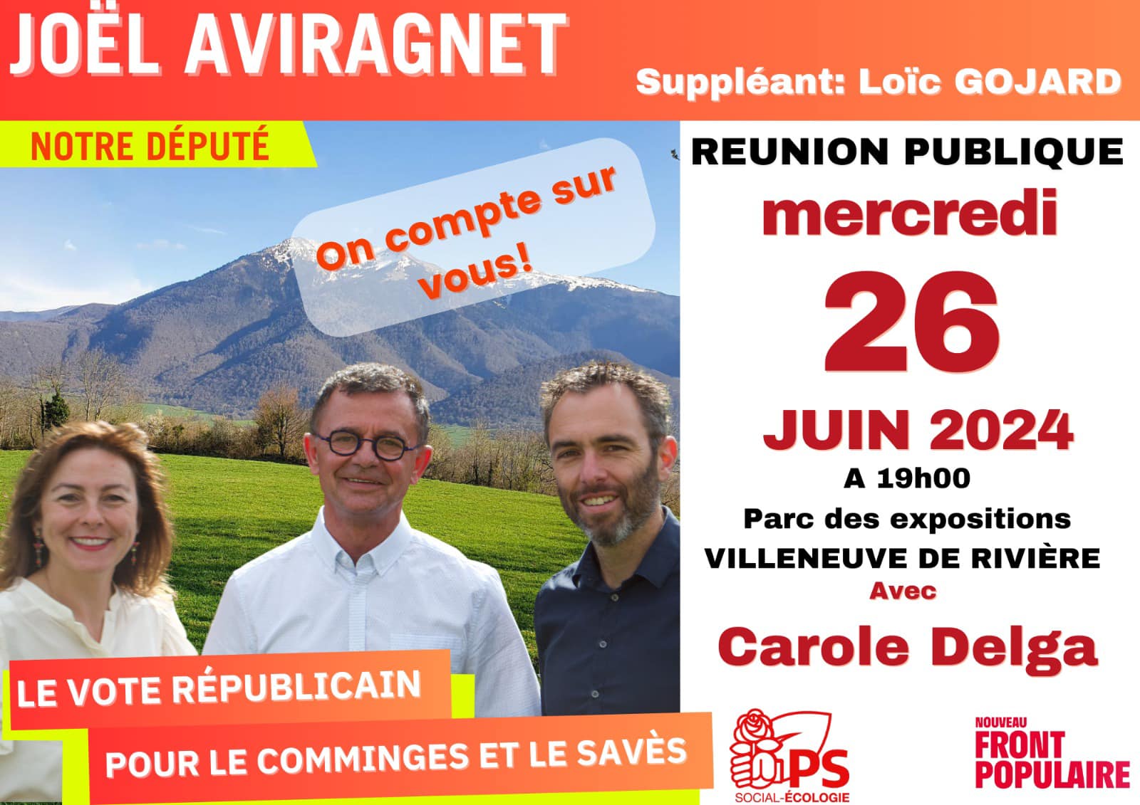 Venez nombreux à notre réunion publique, mercredi 26 juin à 19h au Parc des Expositions, à Villeneuve-de-Rivière !