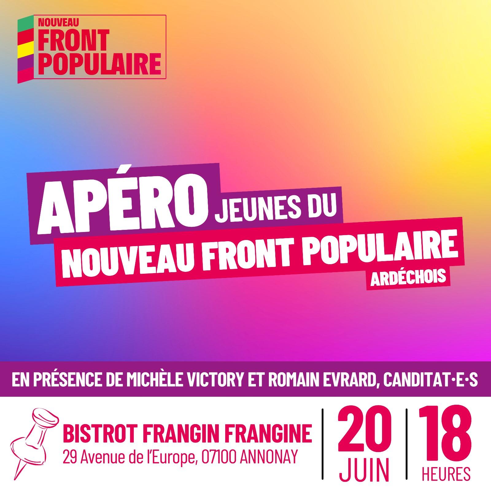Apéro Jeunes du Nouveau Front Populaire Ardéchois, le 20 juin à 18h à Annonay, bistro Frangin Frangine, 29 avenue de l'Europe